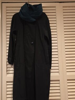 Mycra Pac Black Long Trench Coat with Teal Scarf